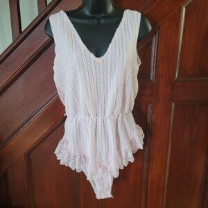 Vtg JcPenney Nylon lace Teddy BODYSUIT Panty Pink Ruffle Lingerie Medium
